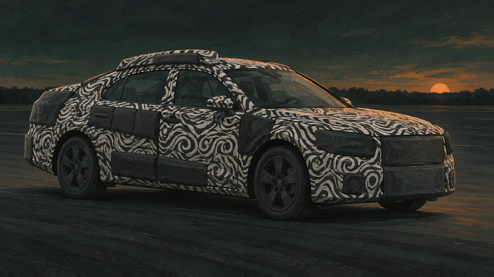 Illustrated test car covered in a swirling camouflage wrap with padded fake panels hiding its real shape.