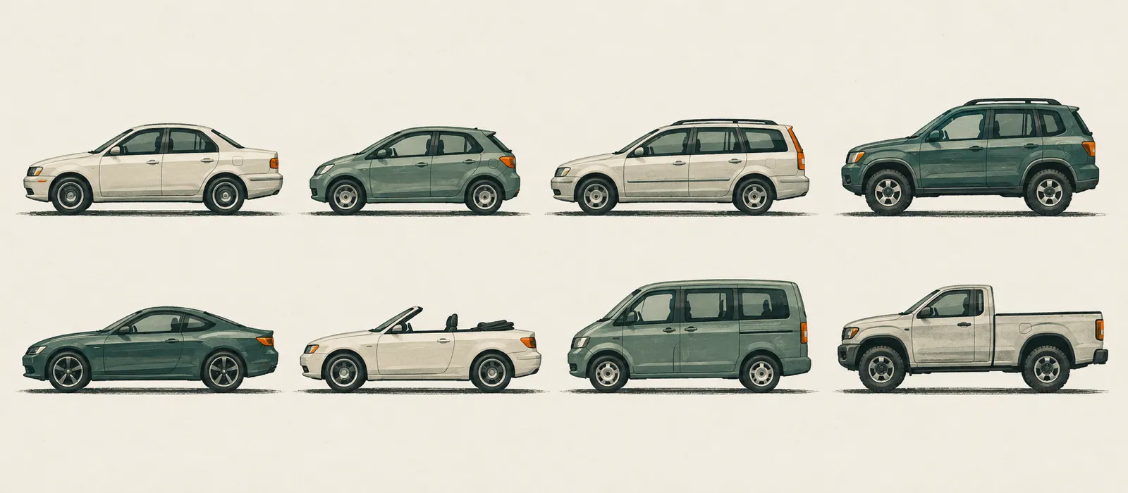 Illustrated silhouettes of eight car body styles in two rows: sedan, hatchback, estate, SUV, coupe, convertible, van and pickup.