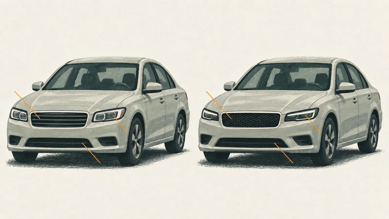 Side-by-side front views of the same illustrated car model before and after a facelift, with the grille, headlights and bumper highlighted as the changed elements.