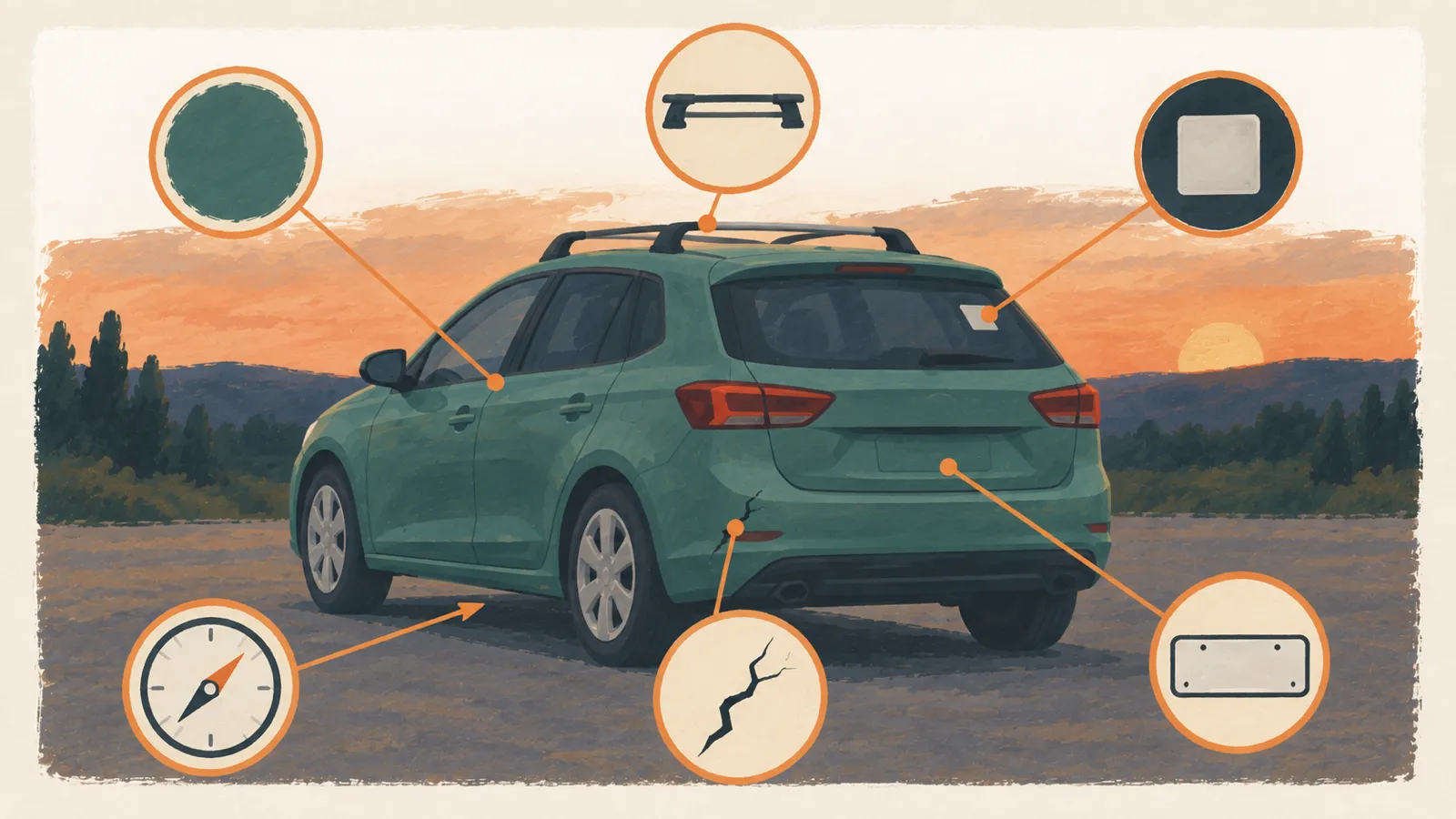 Illustrated car with six callouts: colour, travel direction, blank plate, bumper damage, roof rack and rear-window sticker.