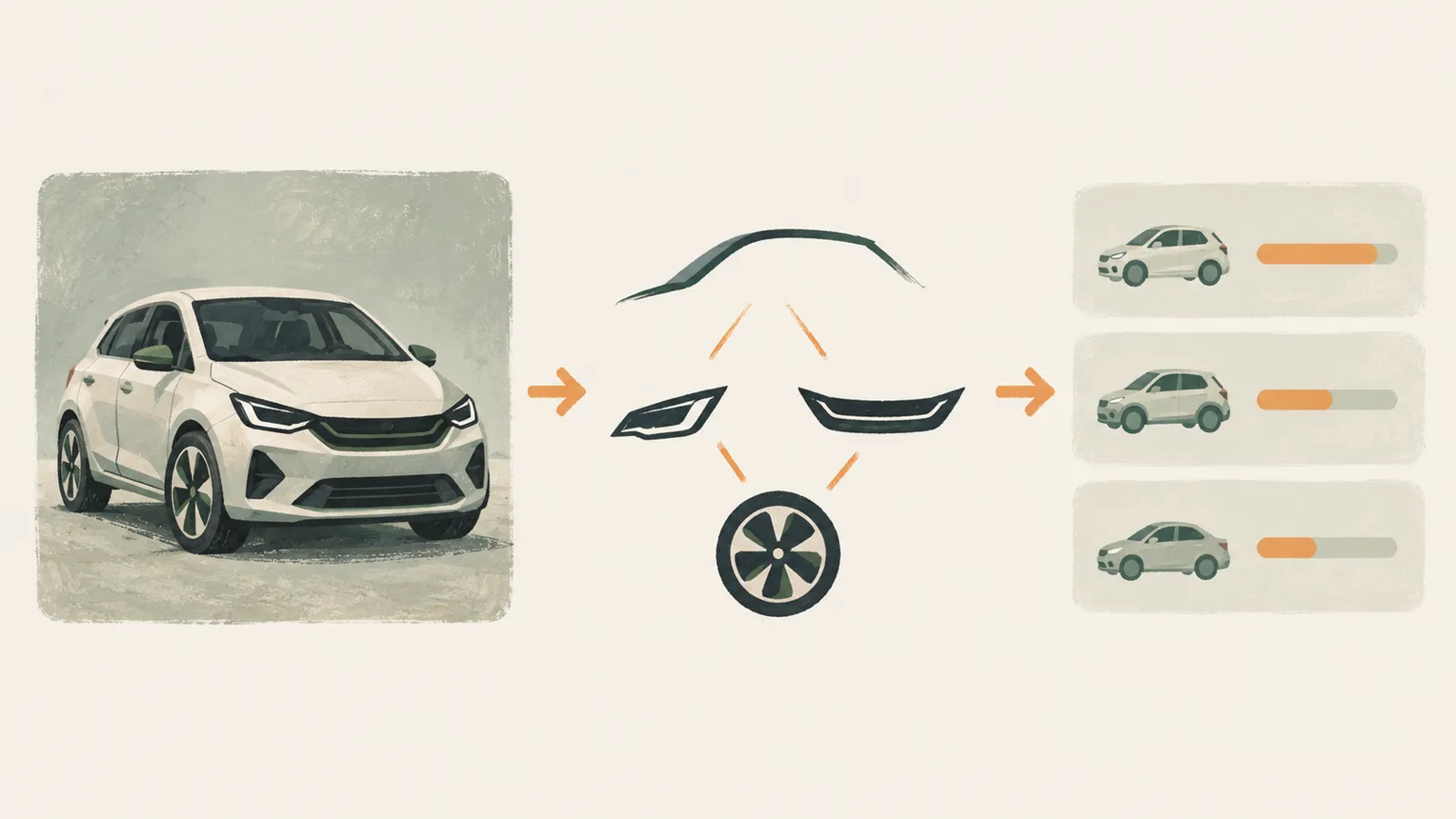 Diagram showing a car photo passing through feature detection to produce a shortlist of likely models with different-length confidence bars.
