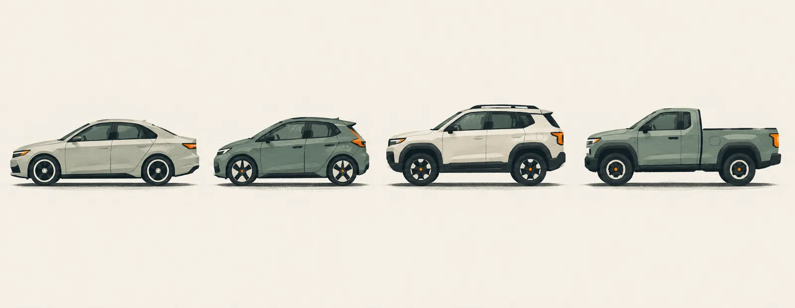 Side profiles of four common car body shapes: sedan, hatchback, SUV and pickup.