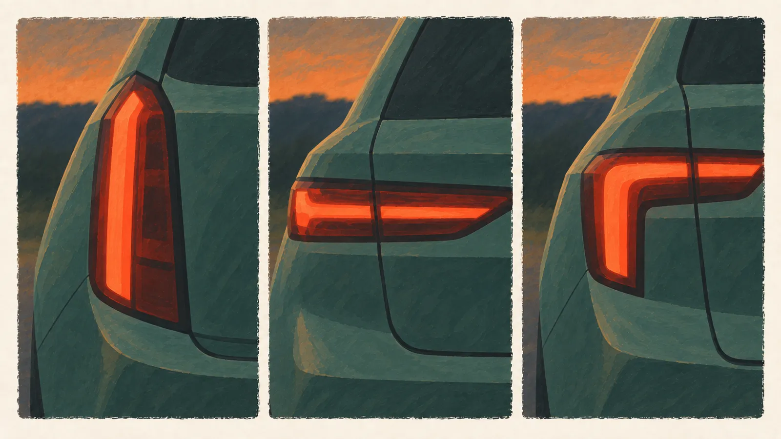 Illustrated comparison of three generic taillight and bumper detail crops showing different lamp shapes.