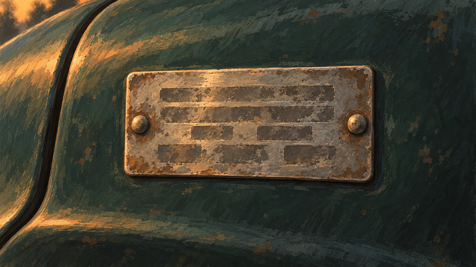 Illustration of a stamped metal identification plate riveted to painted bodywork on an old car, its characters worn to unreadable blocks.