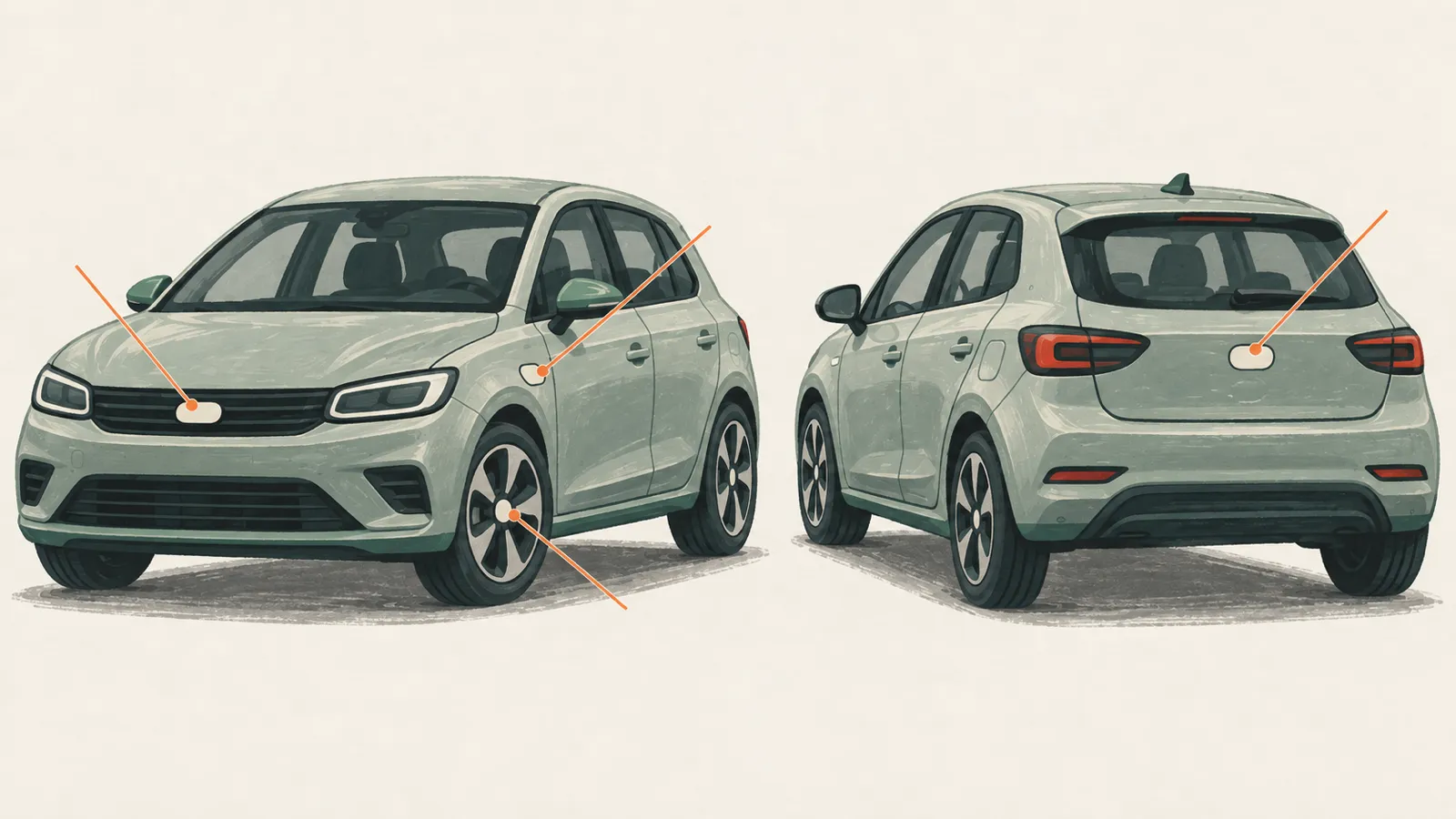 Illustrated car views marking the zones where badges appear: grille, tailgate, front fenders and wheel centres.