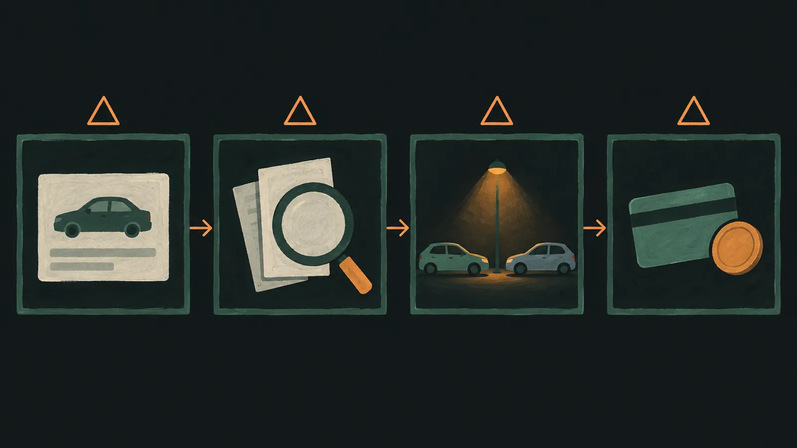 Illustrated sequence from listing to checks to meeting to payment, with warning markers at each stage where a scam pattern can appear.
