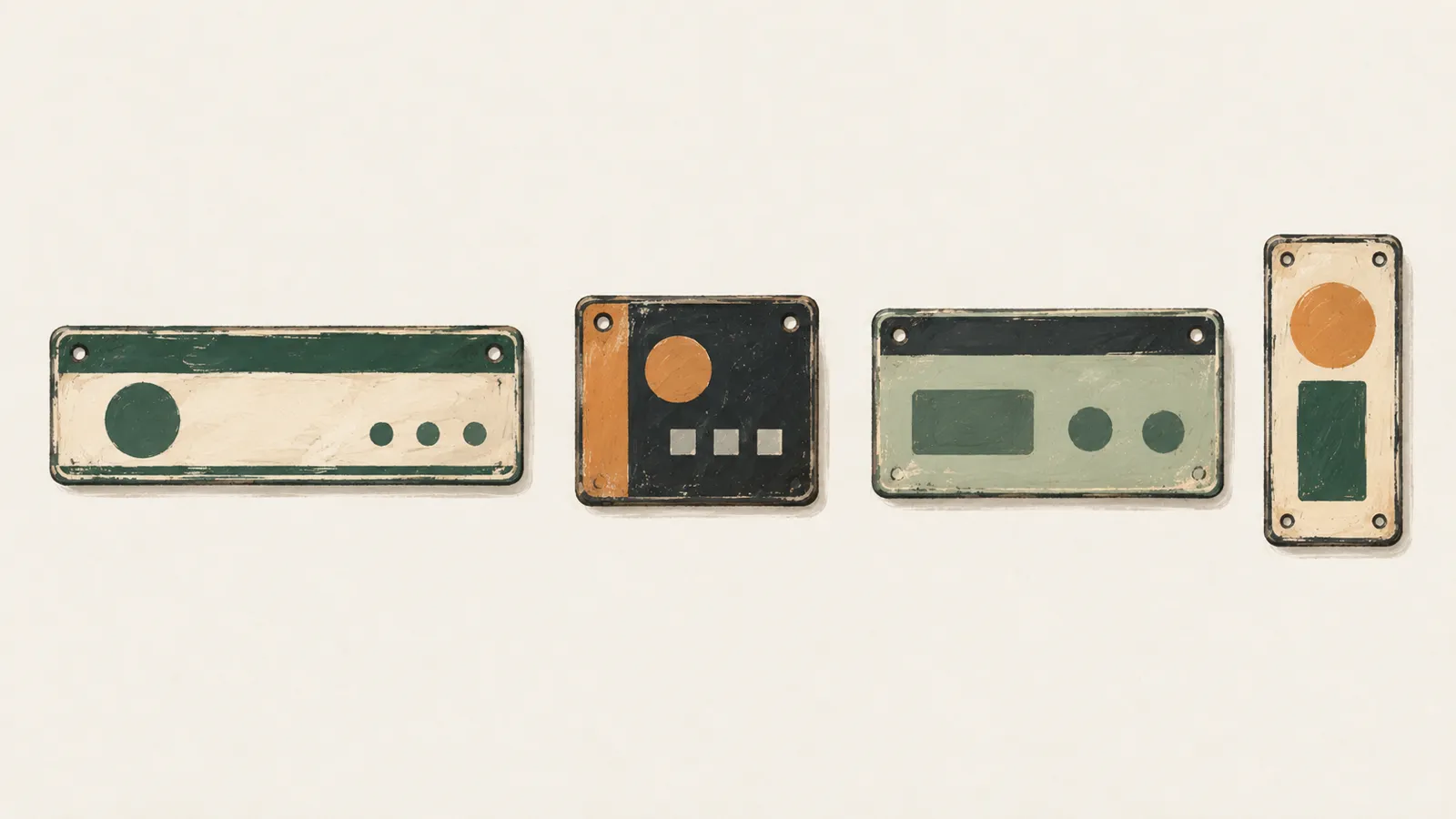Illustration of four invented registration plates with different proportions, colour bands and abstract marks.
